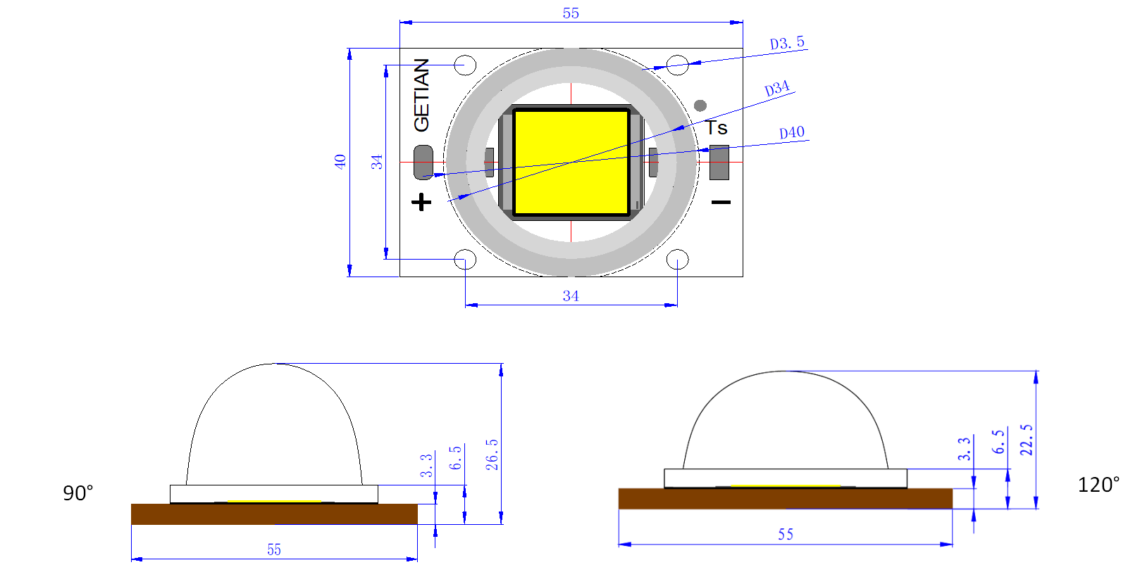 倒装陶瓷底座COB 60W COB LED, 90°镜头